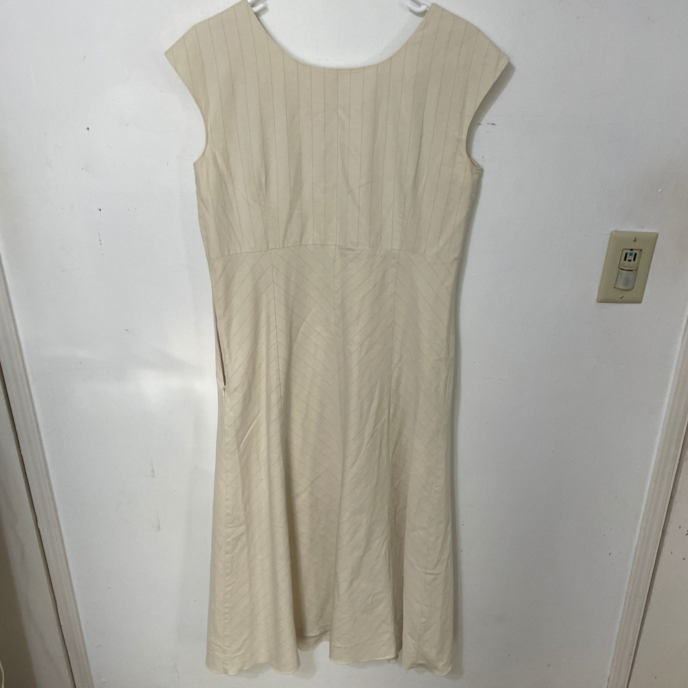 J. Jill Women Cream Tan Pinstripe Sleeveless Midi A-Line Dress Size 8 Scoop Neck